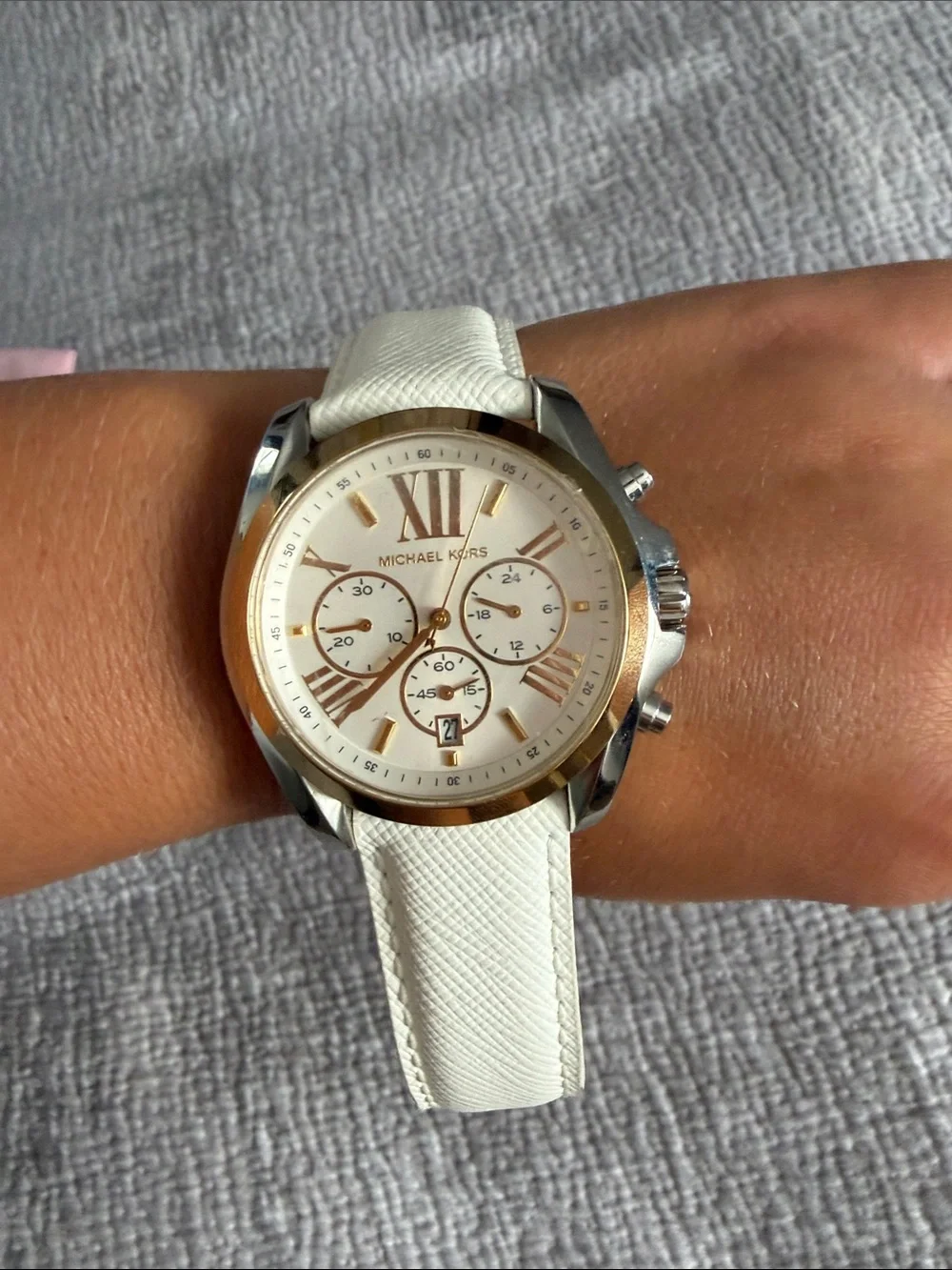 Michael Kors women’s White and silver/Gold Chronograph Leather Strap Watch